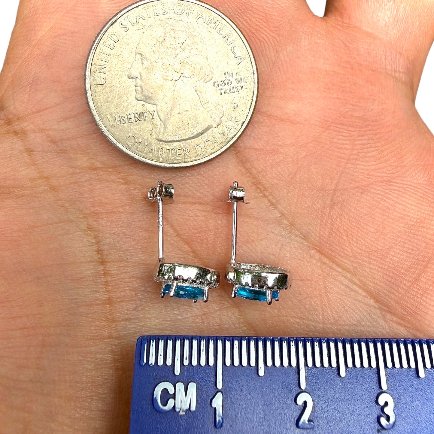 Blue Topaz CZ Stud Earrings in 925 Sterling Silver, 10x7mm Oval Halo