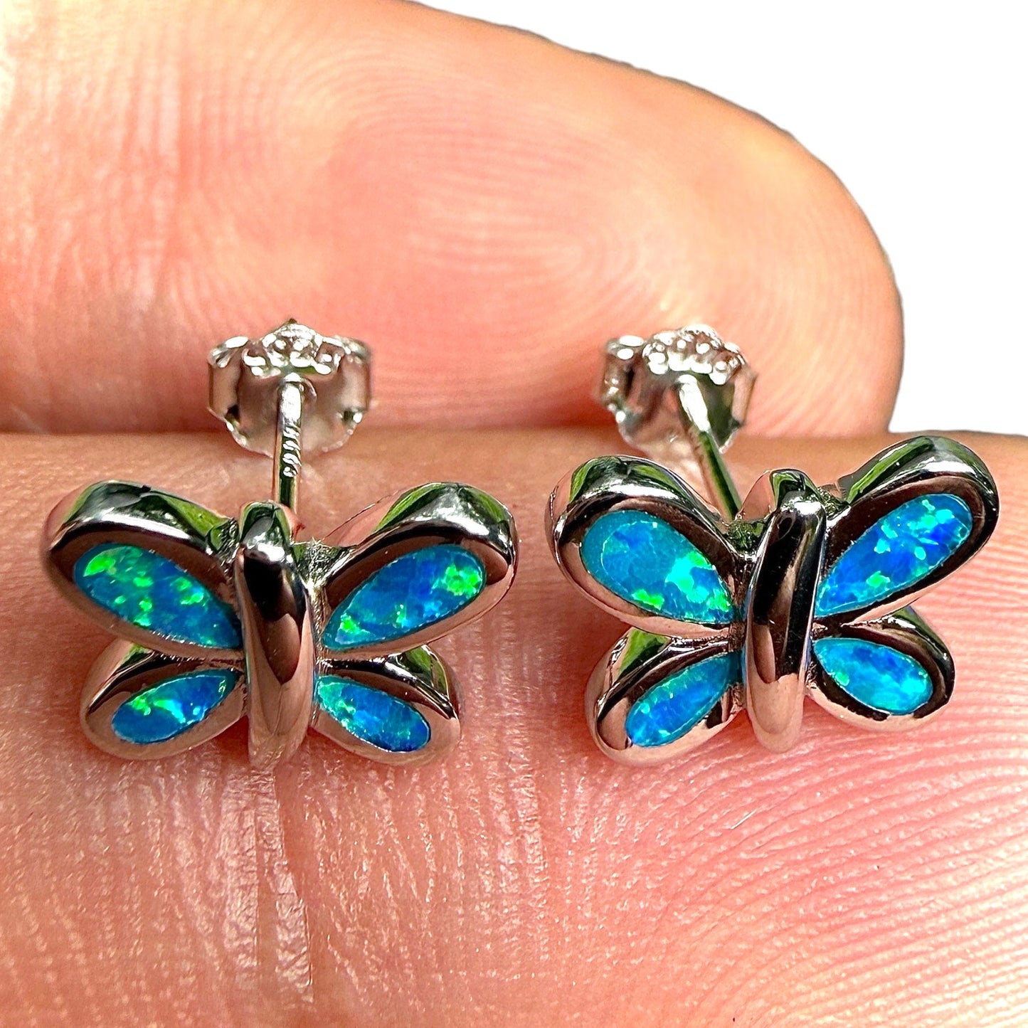Butterfly Stud Earrings in 925 Sterling Silver with Blue Lab Opal
