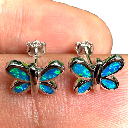 Butterfly Stud Earrings in 925 Sterling Silver with Blue Lab Opal
