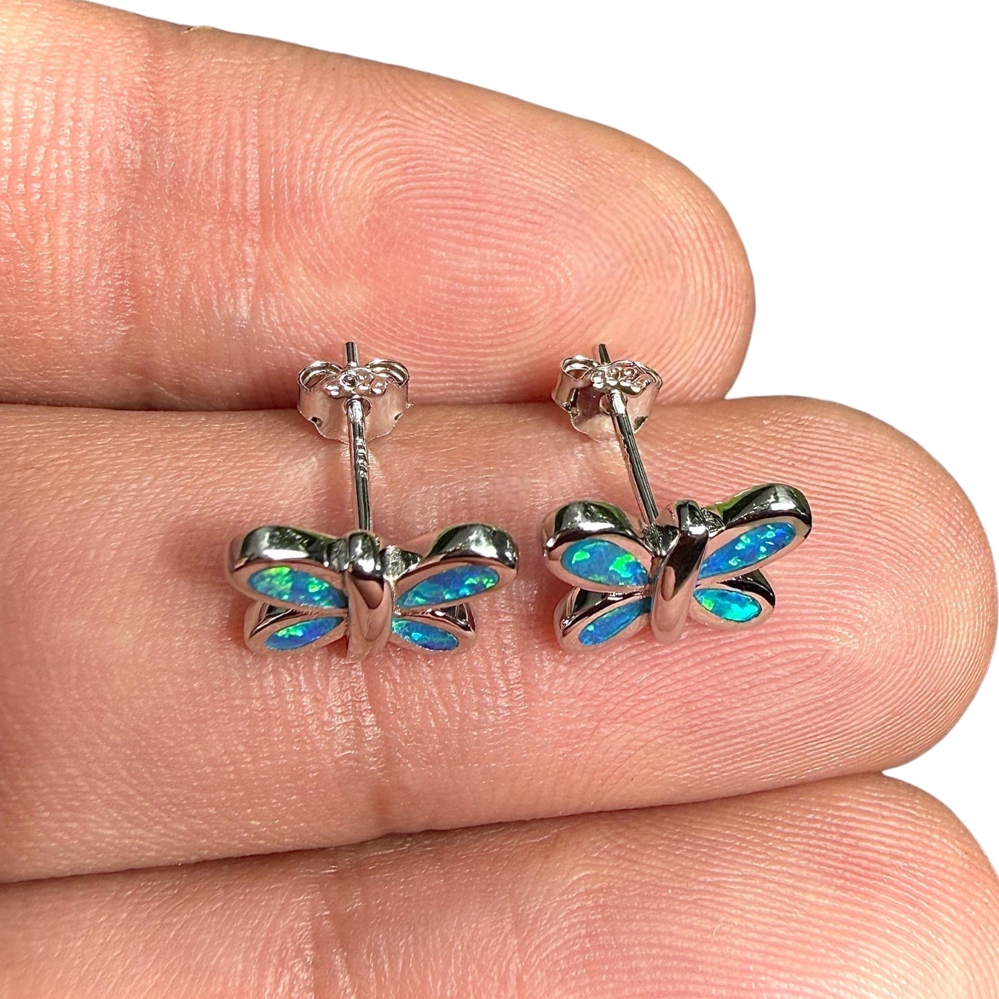 Butterfly Stud Earrings in 925 Sterling Silver with Blue Lab Opal