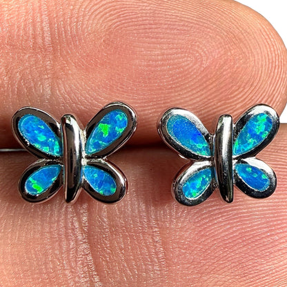 Butterfly Stud Earrings in 925 Sterling Silver with Blue Lab Opal