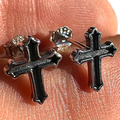 Sterling Silver Cross Stud Earrings 5.5mm Oxidized