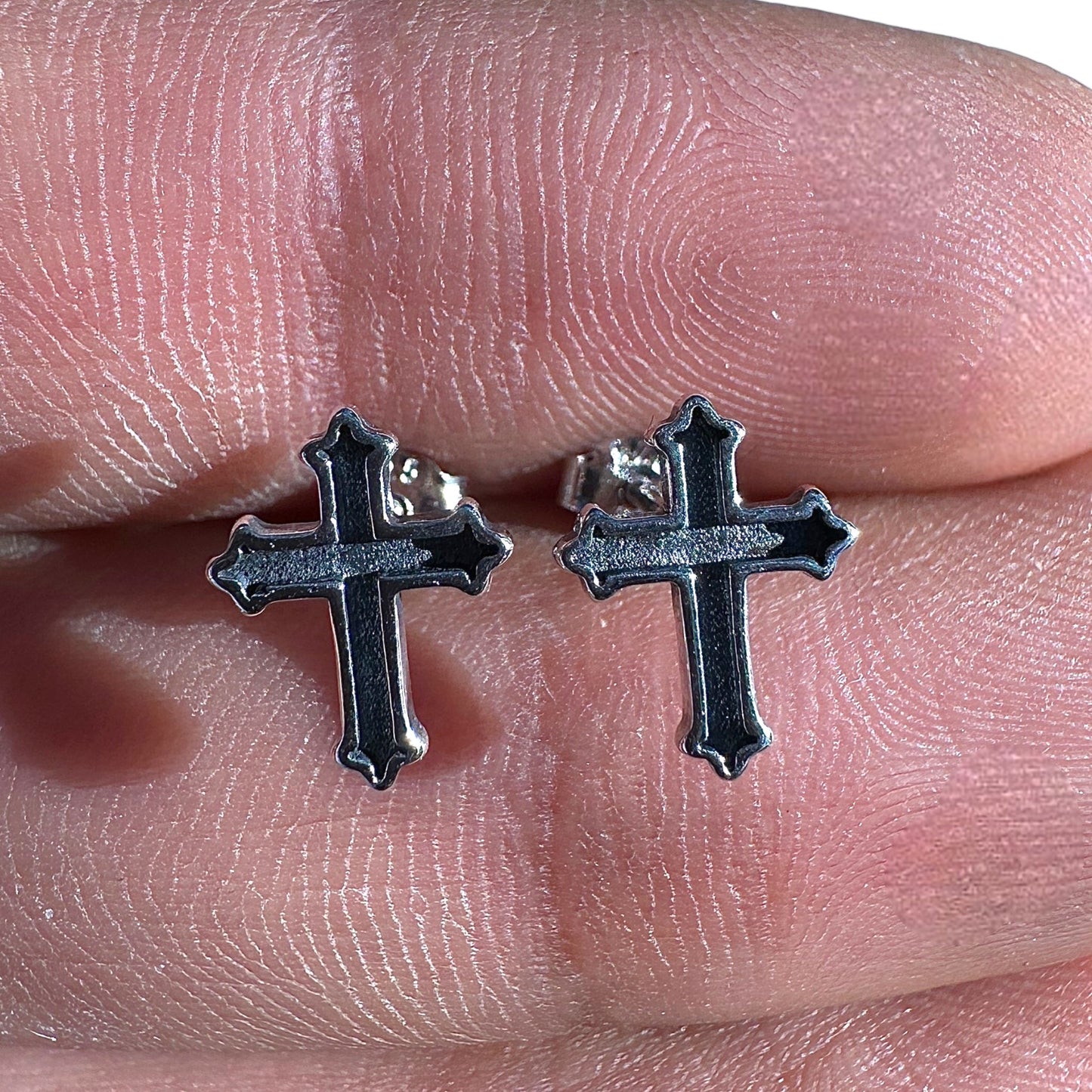Sterling Silver Cross Stud Earrings 5.5mm Oxidized