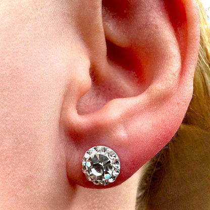 Sterling Silver Stud  Earrings 925 Crystal Halo Round Stud Earrings