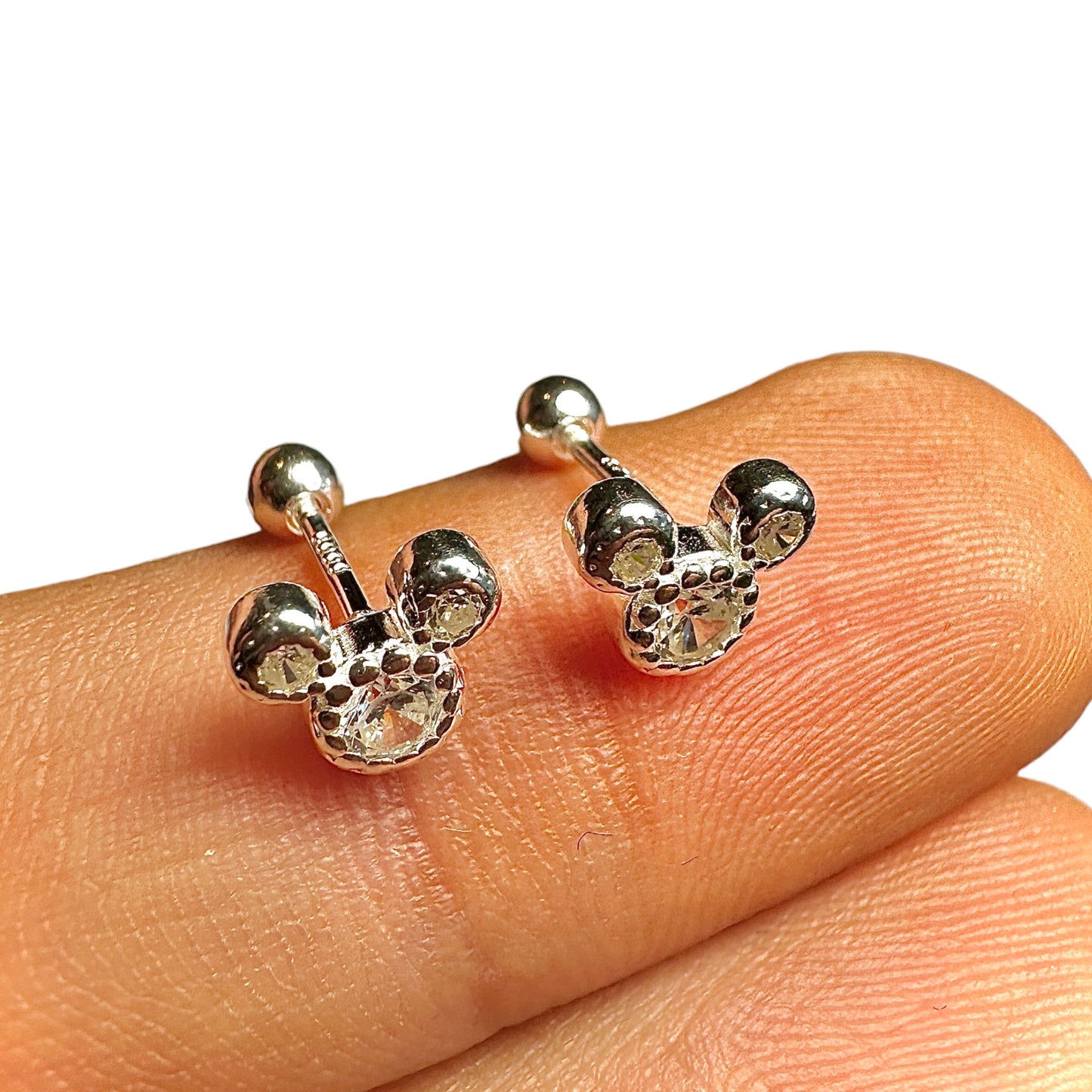 Sterling Silver CZ Stud Earrings Cute Mouse Head Sparkly Silver Studs