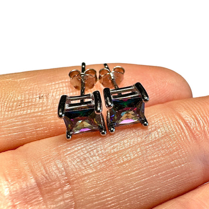 Rainbow Topaz CZ Stud Earrings 925 Sterling Silver — 5mm Square Princess Cut