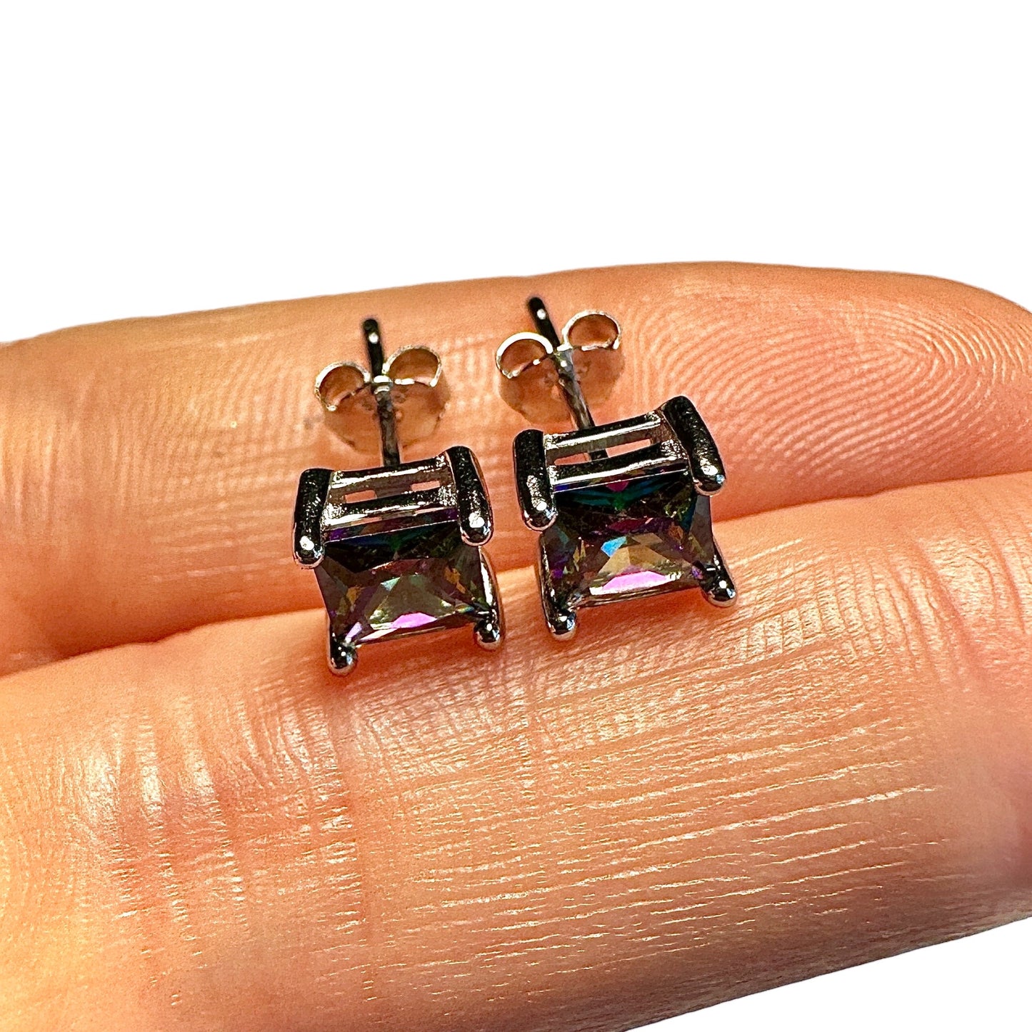 Rainbow Topaz CZ Stud Earrings 925 Sterling Silver — 5mm Square Princess Cut