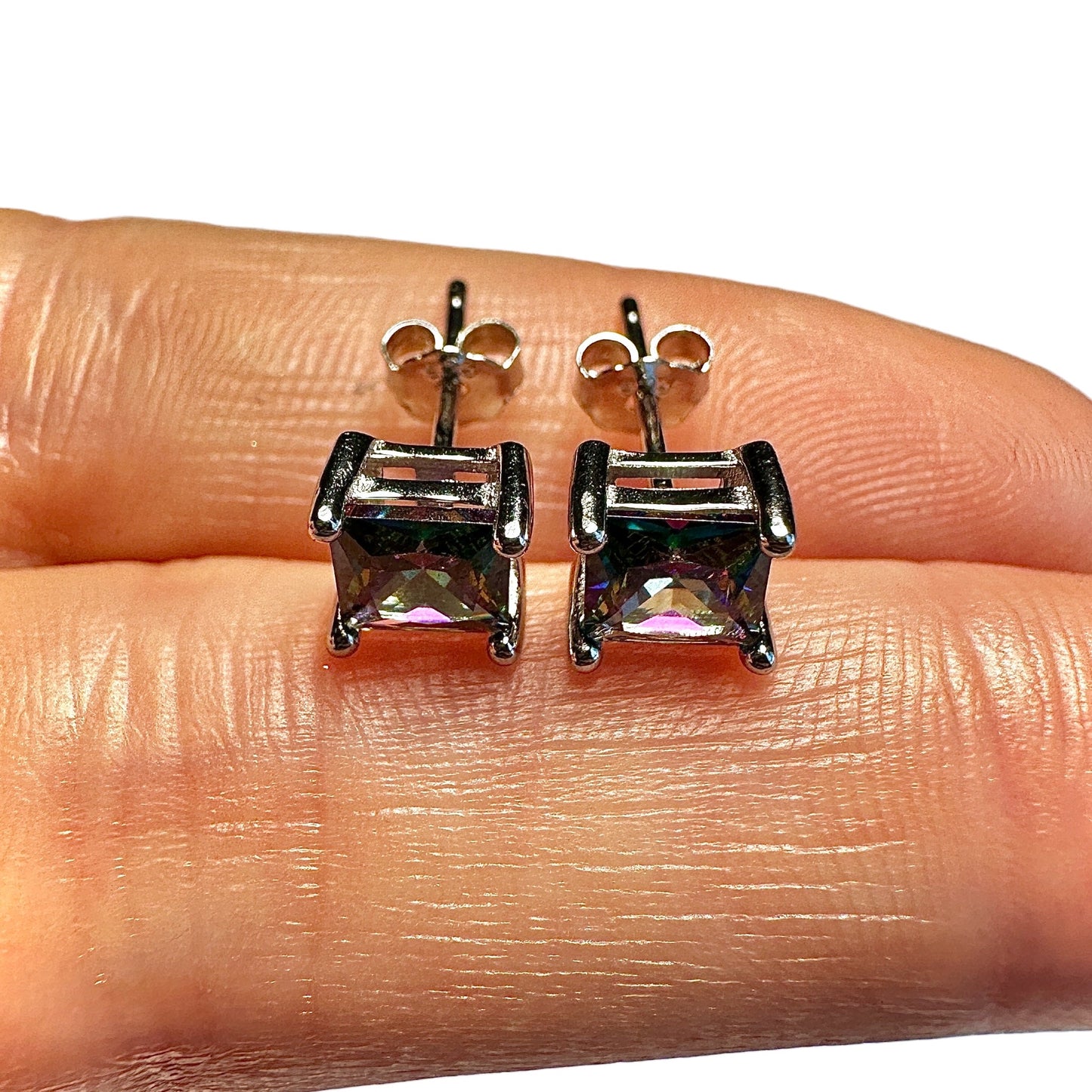 Rainbow Topaz CZ Stud Earrings 925 Sterling Silver — 5mm Square Princess Cut