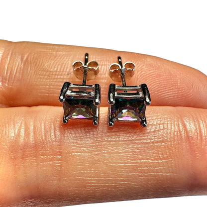 Rainbow Topaz CZ Stud Earrings 925 Sterling Silver — 5mm Square Princess Cut