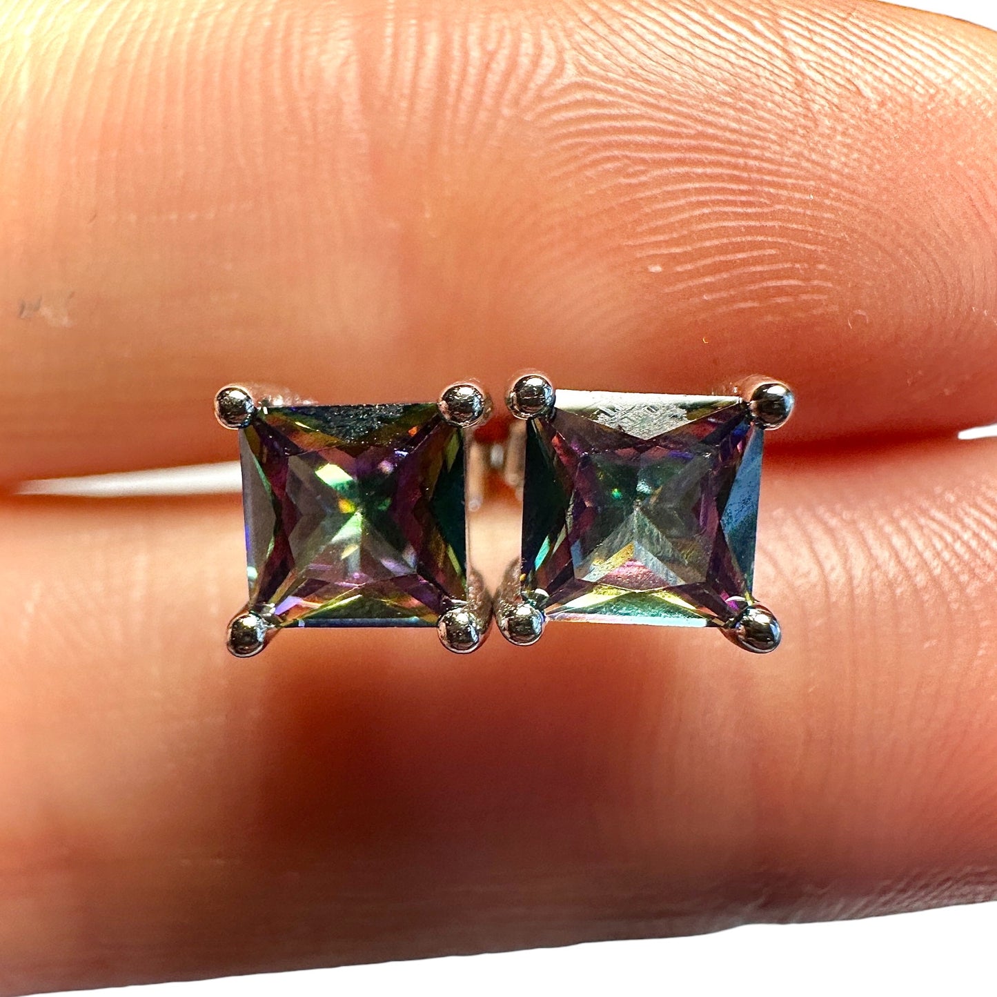 Rainbow Topaz CZ Stud Earrings 925 Sterling Silver — 5mm Square Princess Cut