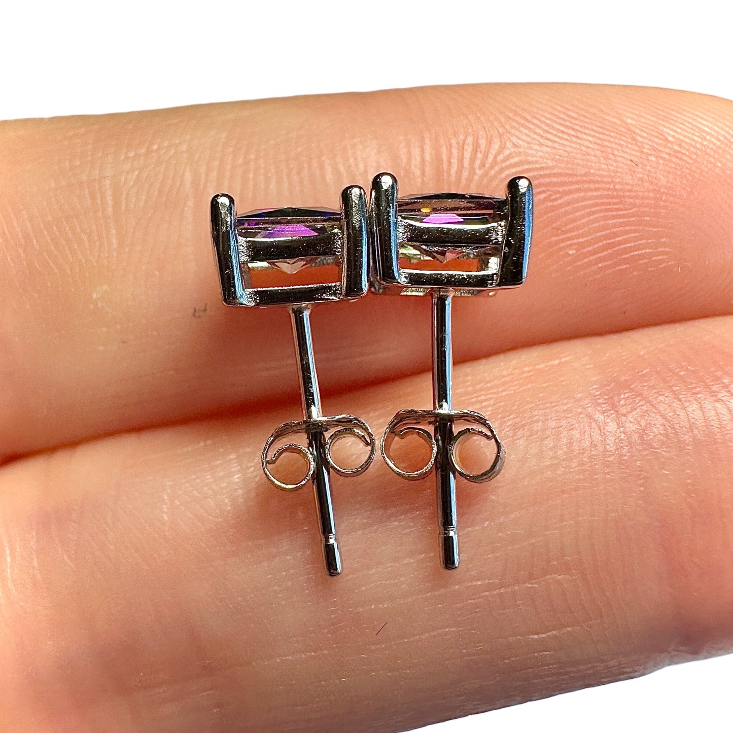 Rainbow Topaz CZ Stud Earrings 925 Sterling Silver — 5mm Square Princess Cut