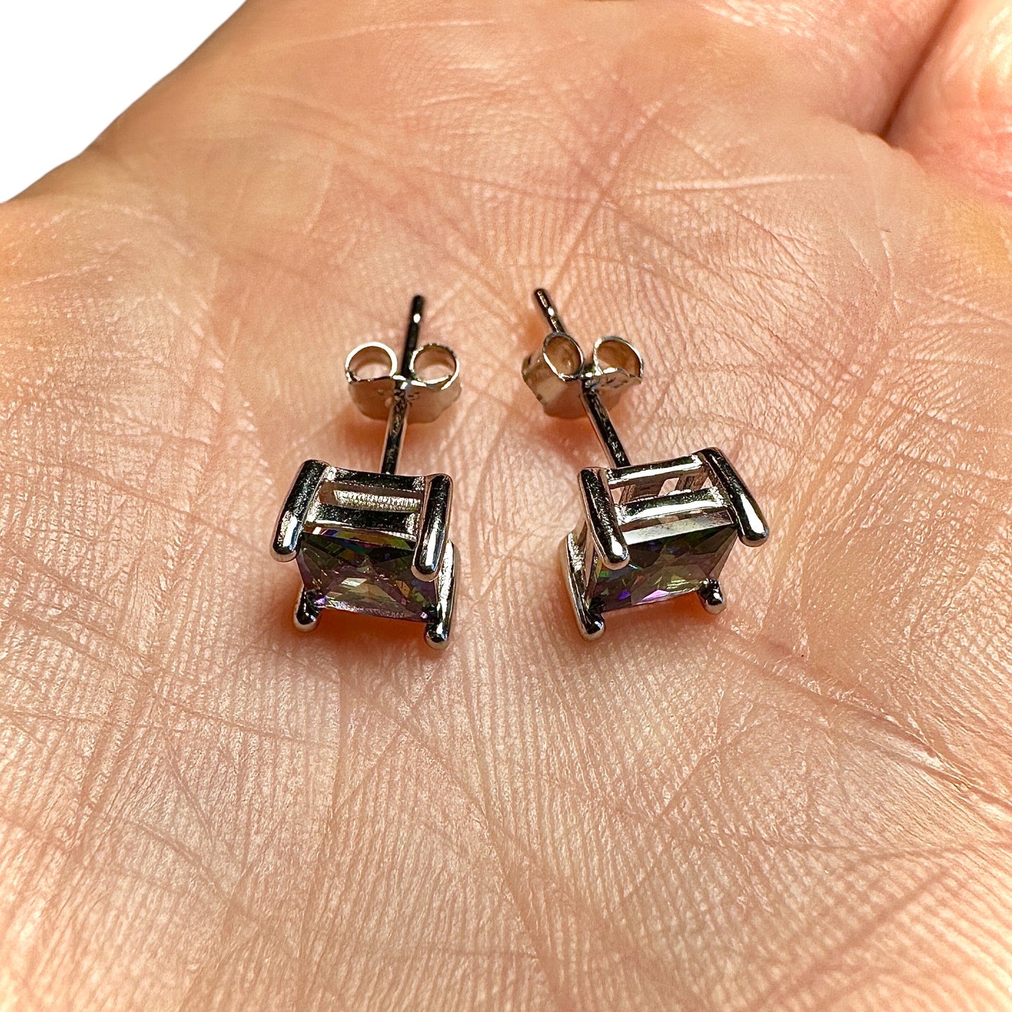 Rainbow Topaz CZ Stud Earrings 925 Sterling Silver — 5mm Square Princess Cut