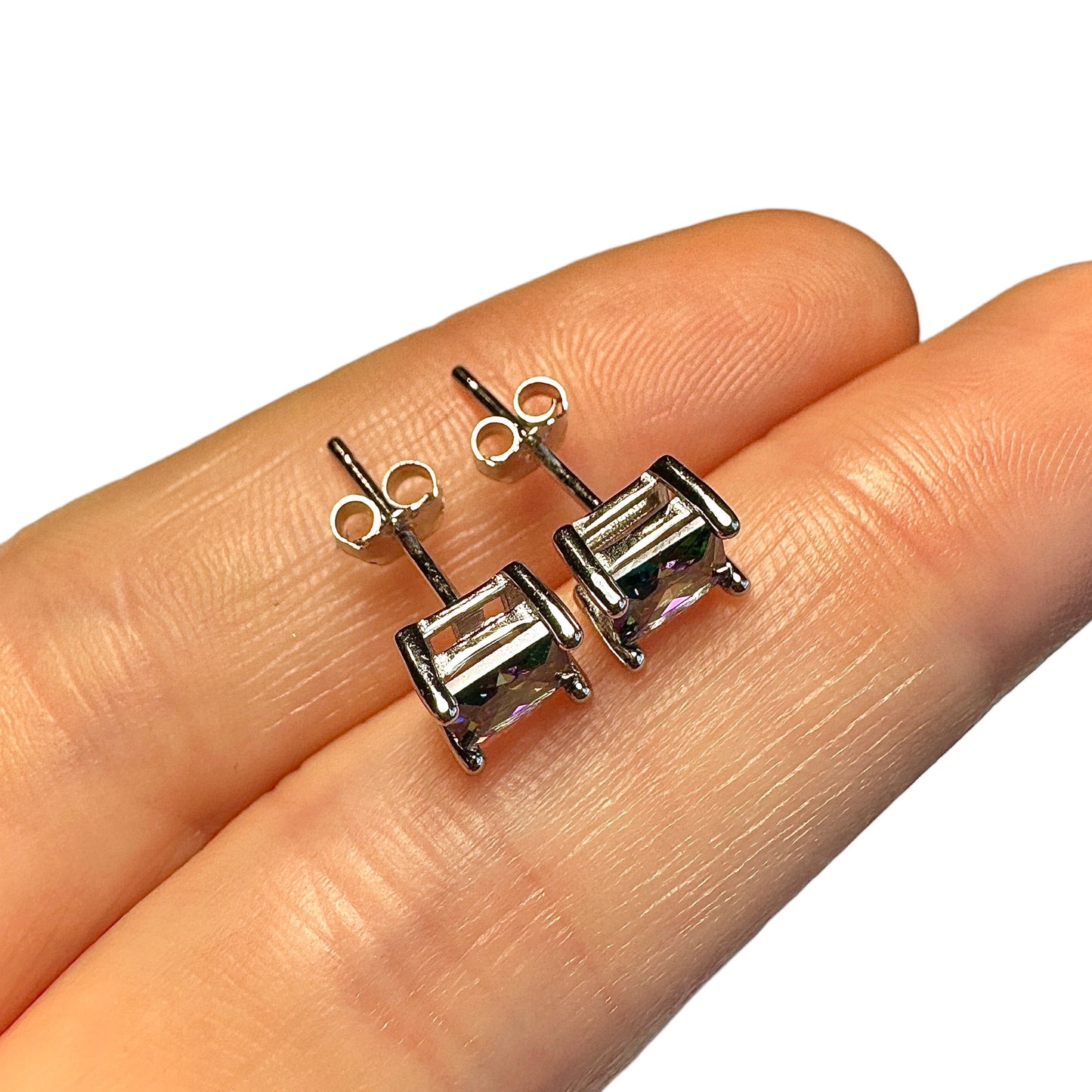 Rainbow Topaz CZ Stud Earrings 925 Sterling Silver — 5mm Square Princess Cut