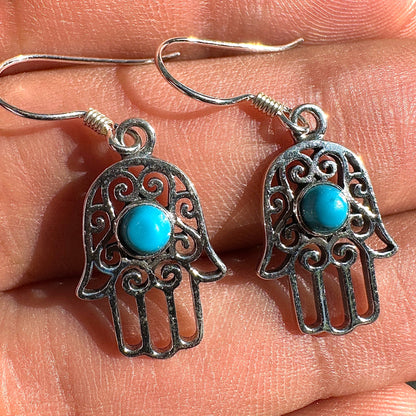 Sterling Silver Hamsa Earrings 15mm Turquoise Drops