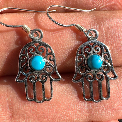 Sterling Silver Hamsa Earrings 15mm Turquoise Drops