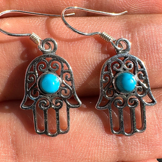 Sterling Silver Hamsa Earrings 15mm Turquoise Drops