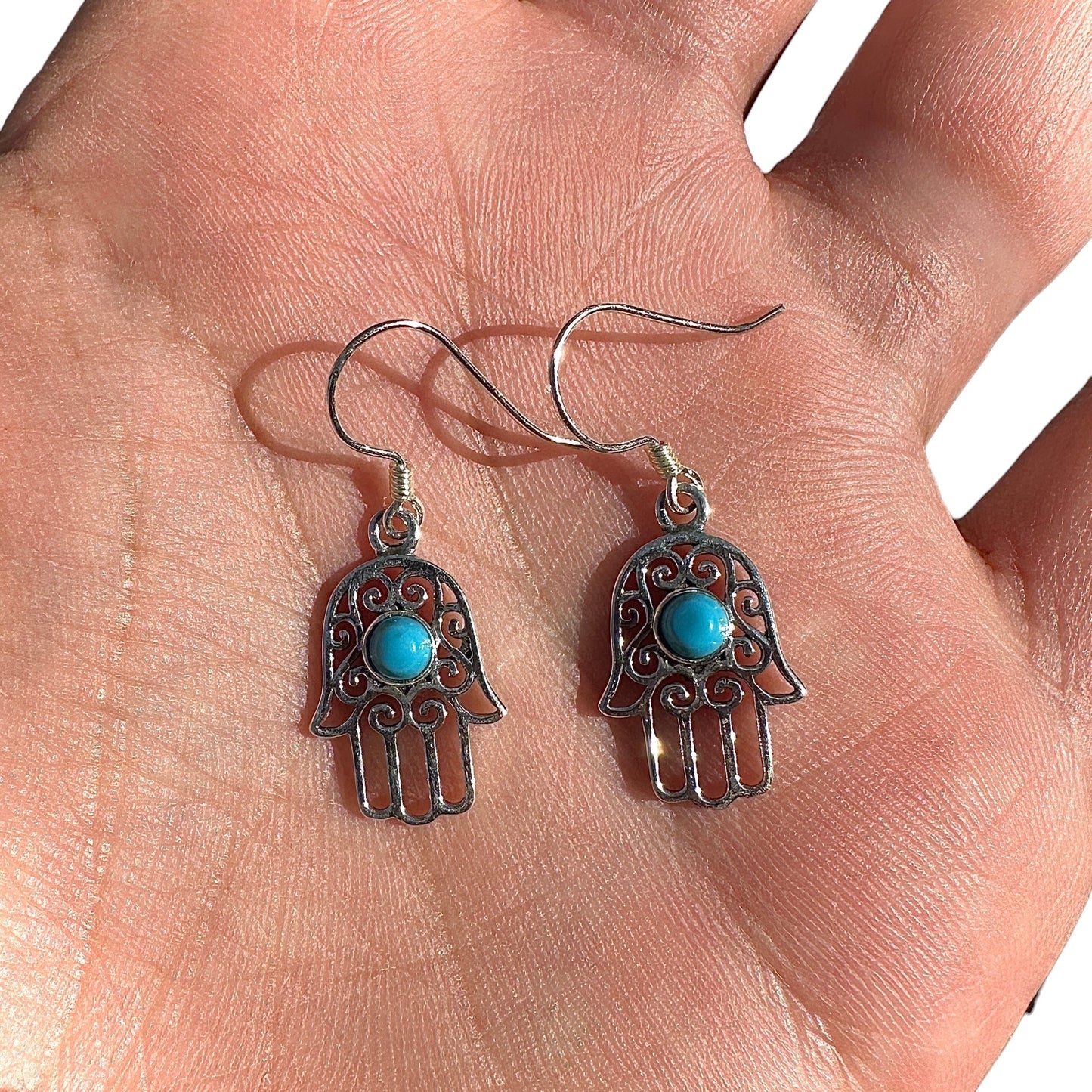 Sterling Silver Hamsa Earrings 15mm Turquoise Drops