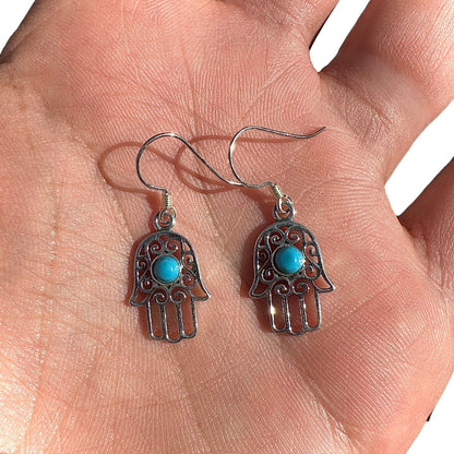 Sterling Silver Hamsa Earrings 15mm Turquoise Drops