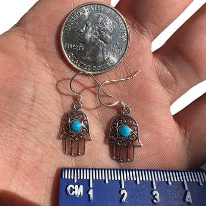Sterling Silver Hamsa Earrings 15mm Turquoise Drops