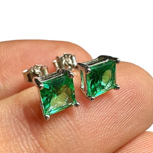 5mm Emerald CZ Stud Earrings — 925 Sterling Silver Square Princess Cut