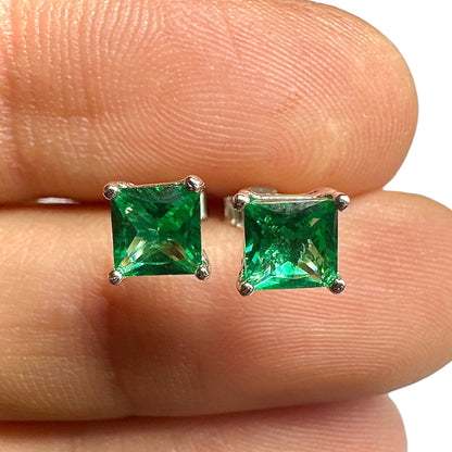 5mm Emerald CZ Stud Earrings — 925 Sterling Silver Square Princess Cut