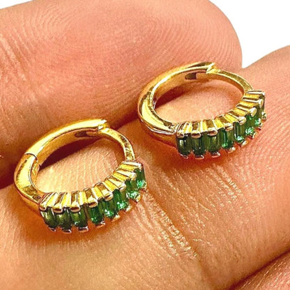 Emerald CZ Huggie Earrings Gold Plated 925 Sterling Silver