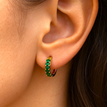 Emerald CZ Huggie Earrings Gold Plated 925 Sterling Silver