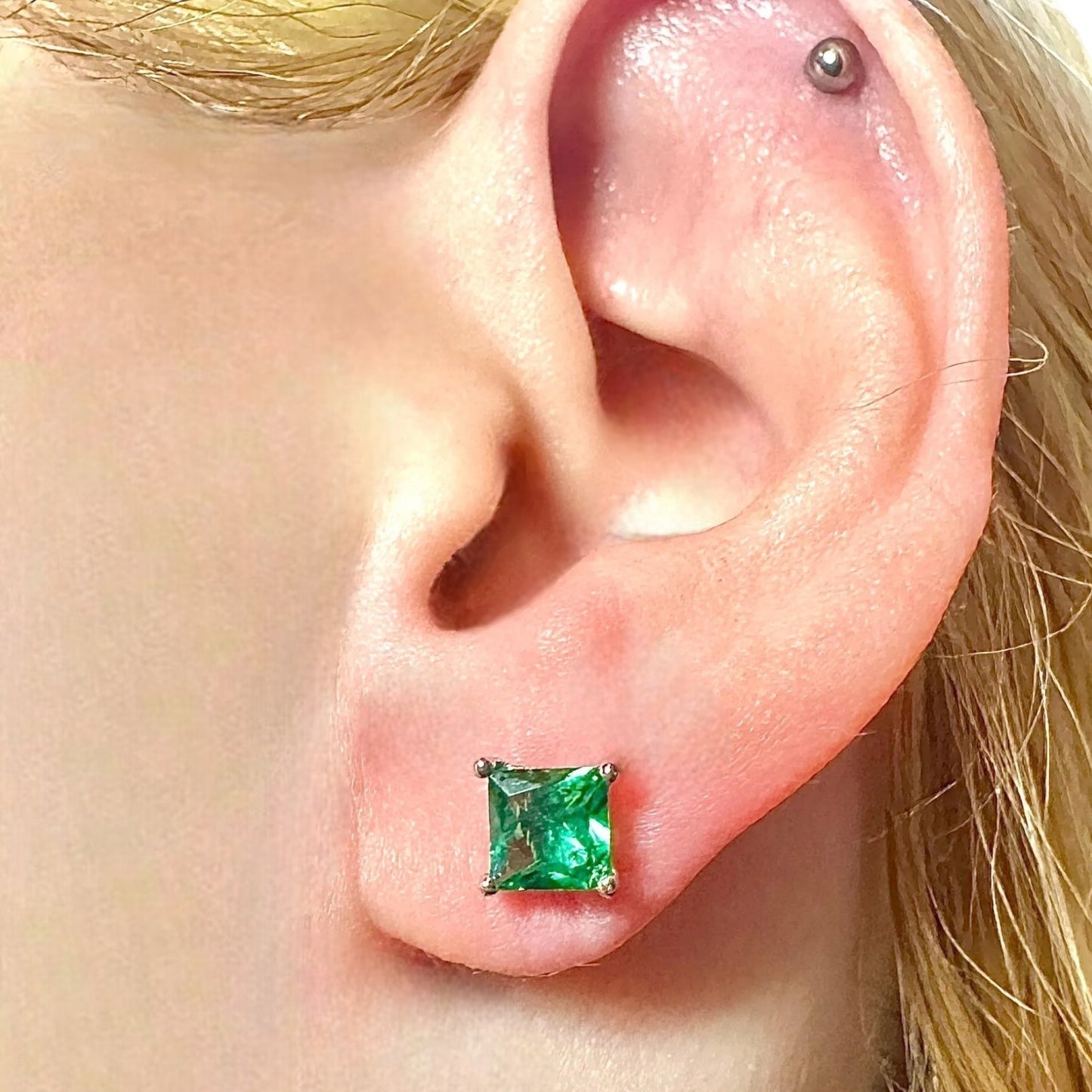 5mm Emerald CZ Stud Earrings — 925 Sterling Silver Square Princess Cut