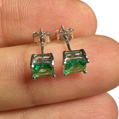 5mm Emerald CZ Stud Earrings — 925 Sterling Silver Square Princess Cut