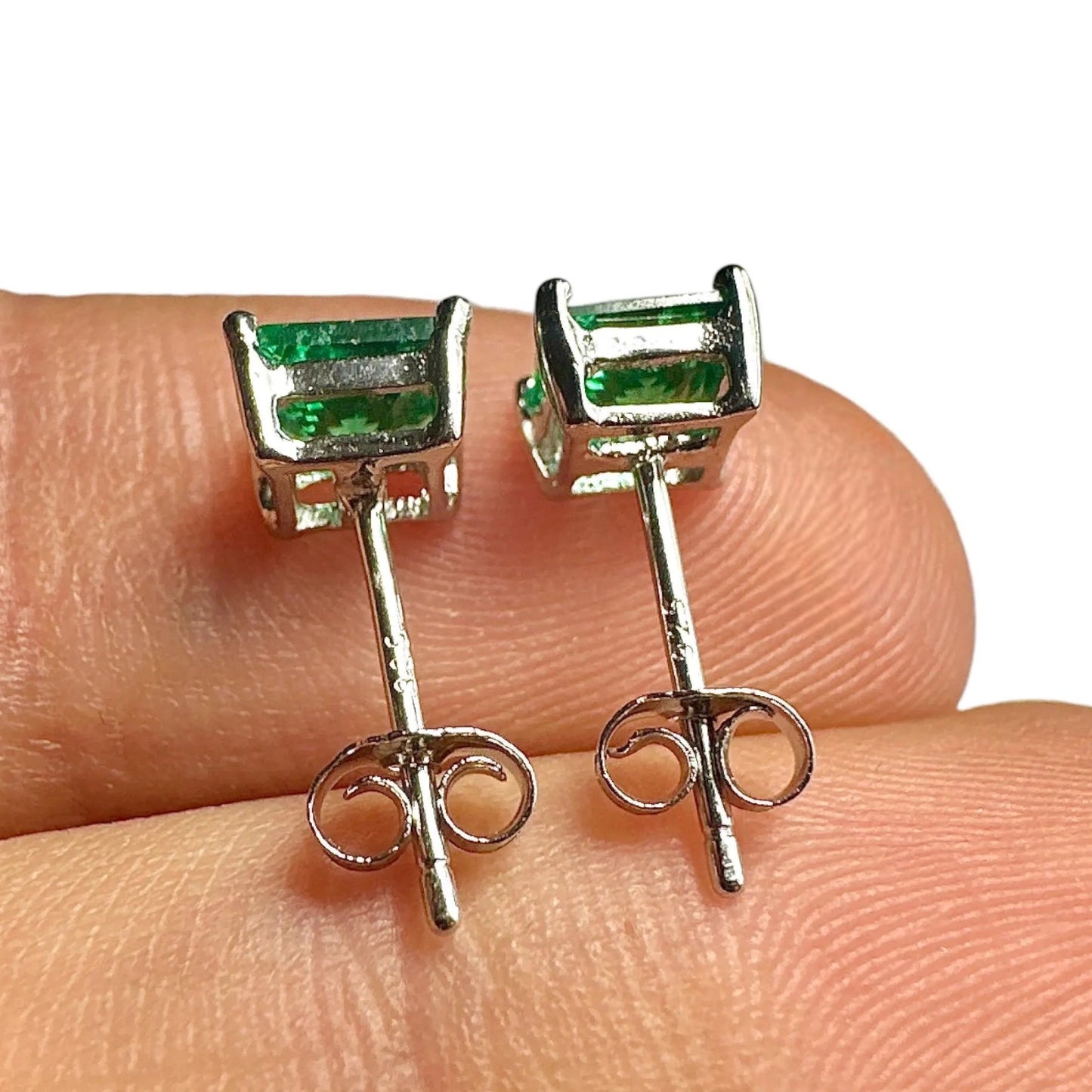 5mm Emerald CZ Stud Earrings — 925 Sterling Silver Square Princess Cut