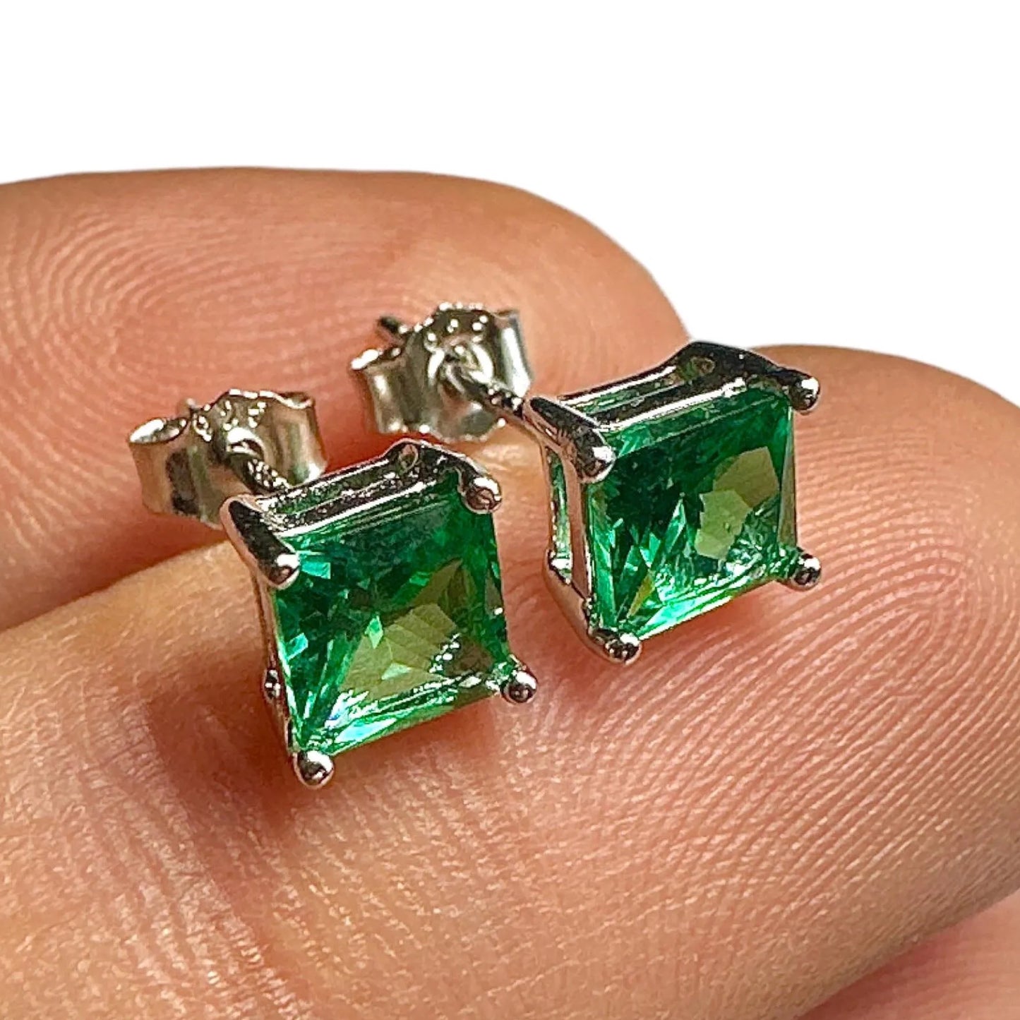 5mm Emerald CZ Stud Earrings — 925 Sterling Silver Square Princess Cut
