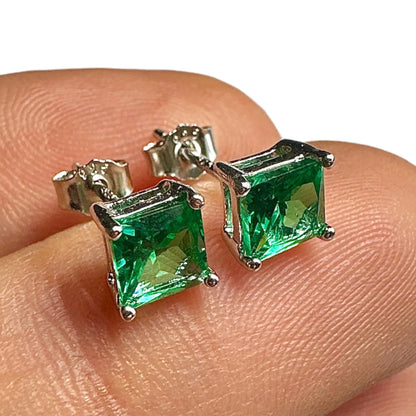 5mm Emerald CZ Stud Earrings — 925 Sterling Silver Square Princess Cut