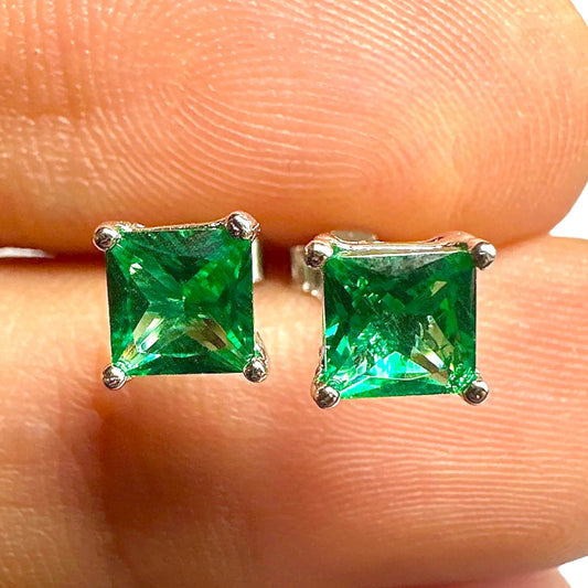 5mm Emerald CZ Stud Earrings — 925 Sterling Silver Square Princess Cut