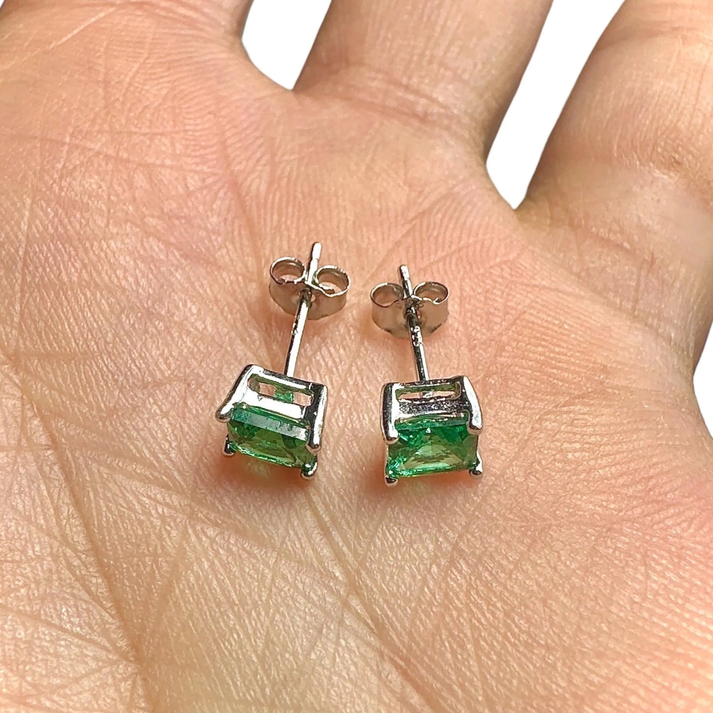 5mm Emerald CZ Stud Earrings — 925 Sterling Silver Square Princess Cut