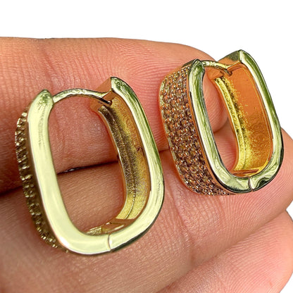 Gold Huggie Earrings Rectangular Clear Stone Hinged Hoops