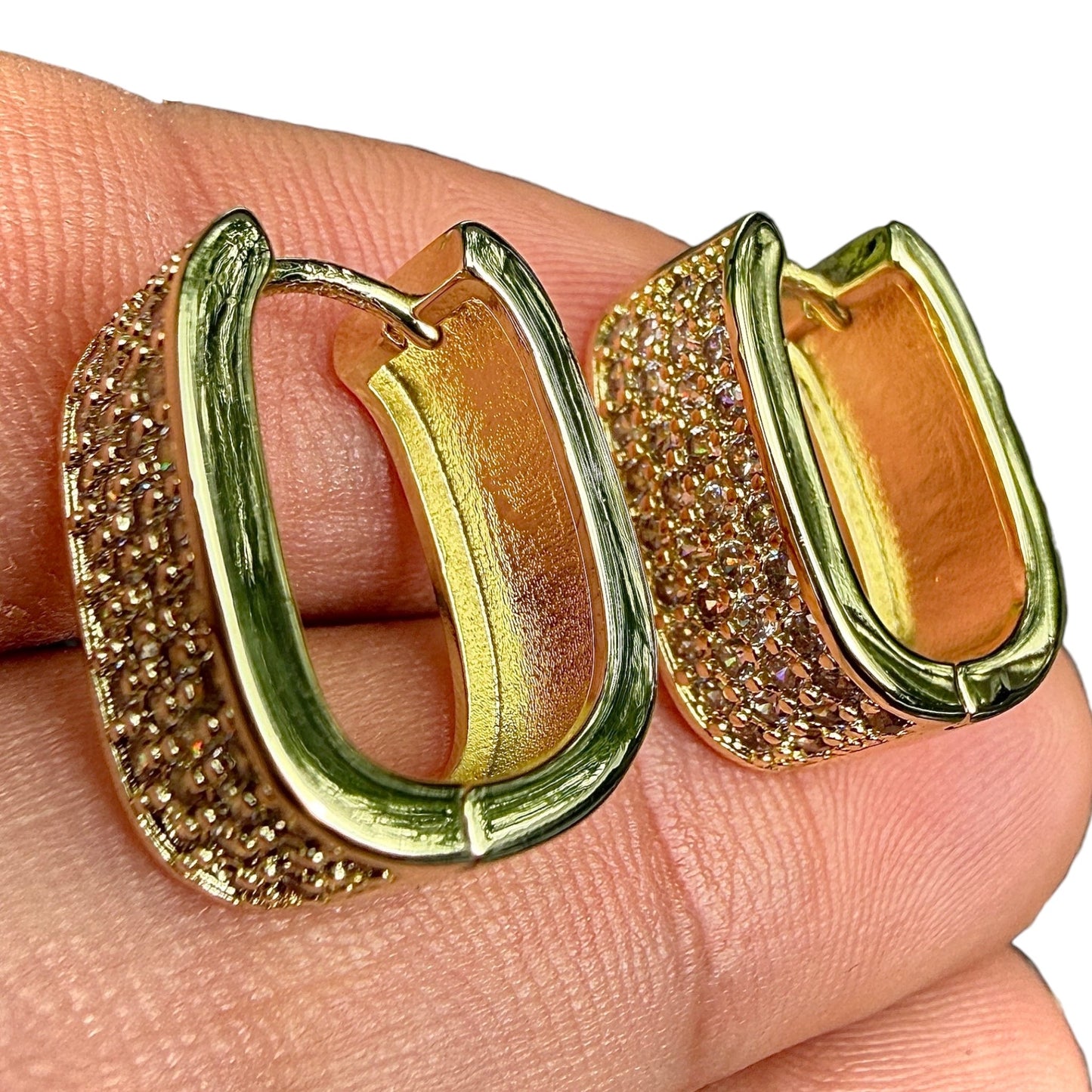 Gold Huggie Earrings Rectangular Clear Stone Hinged Hoops