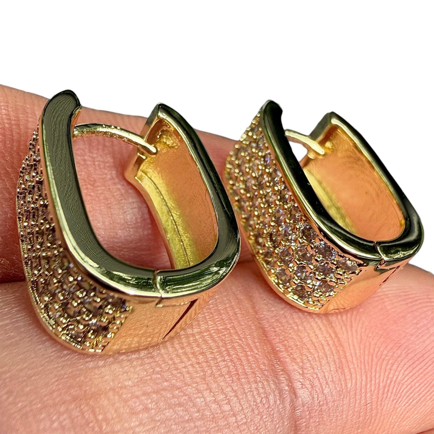 Gold Huggie Earrings Rectangular Clear Stone Hinged Hoops