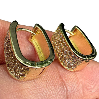 Gold Huggie Earrings Rectangular Clear Stone Hinged Hoops
