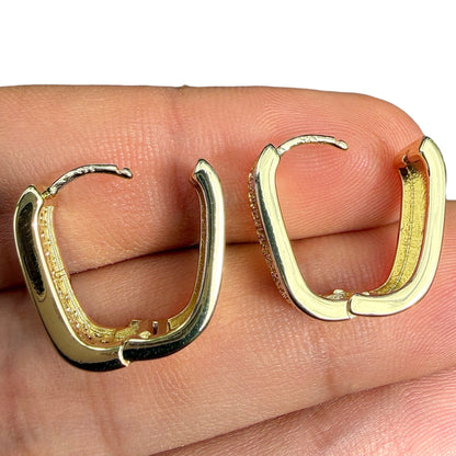 Gold Huggie Earrings Rectangular Clear Stone Hinged Hoops