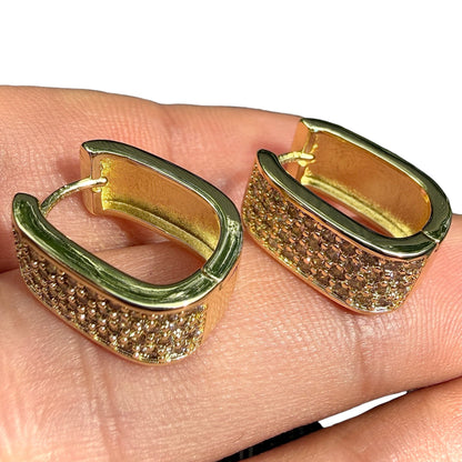 Gold Huggie Earrings Rectangular Clear Stone Hinged Hoops