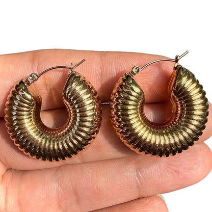 Gold Hoop Earrings 30mm Chunky Ribbed Round Hoops