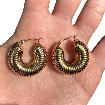 Gold Hoop Earrings 30mm Chunky Ribbed Round Hoops