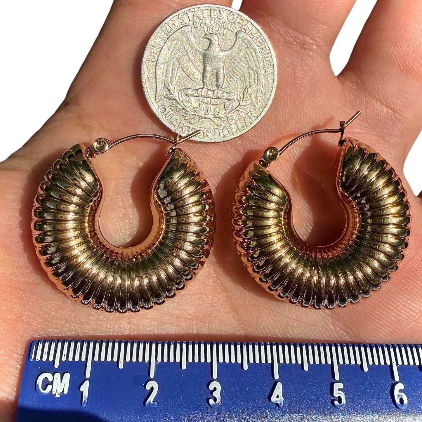 Gold Hoop Earrings 30mm Chunky Ribbed Round Hoops