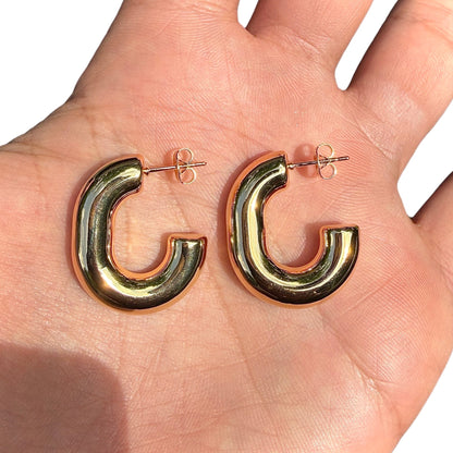 Gold Hoop Earrings 27mm Chunky Open C Hoop Studs