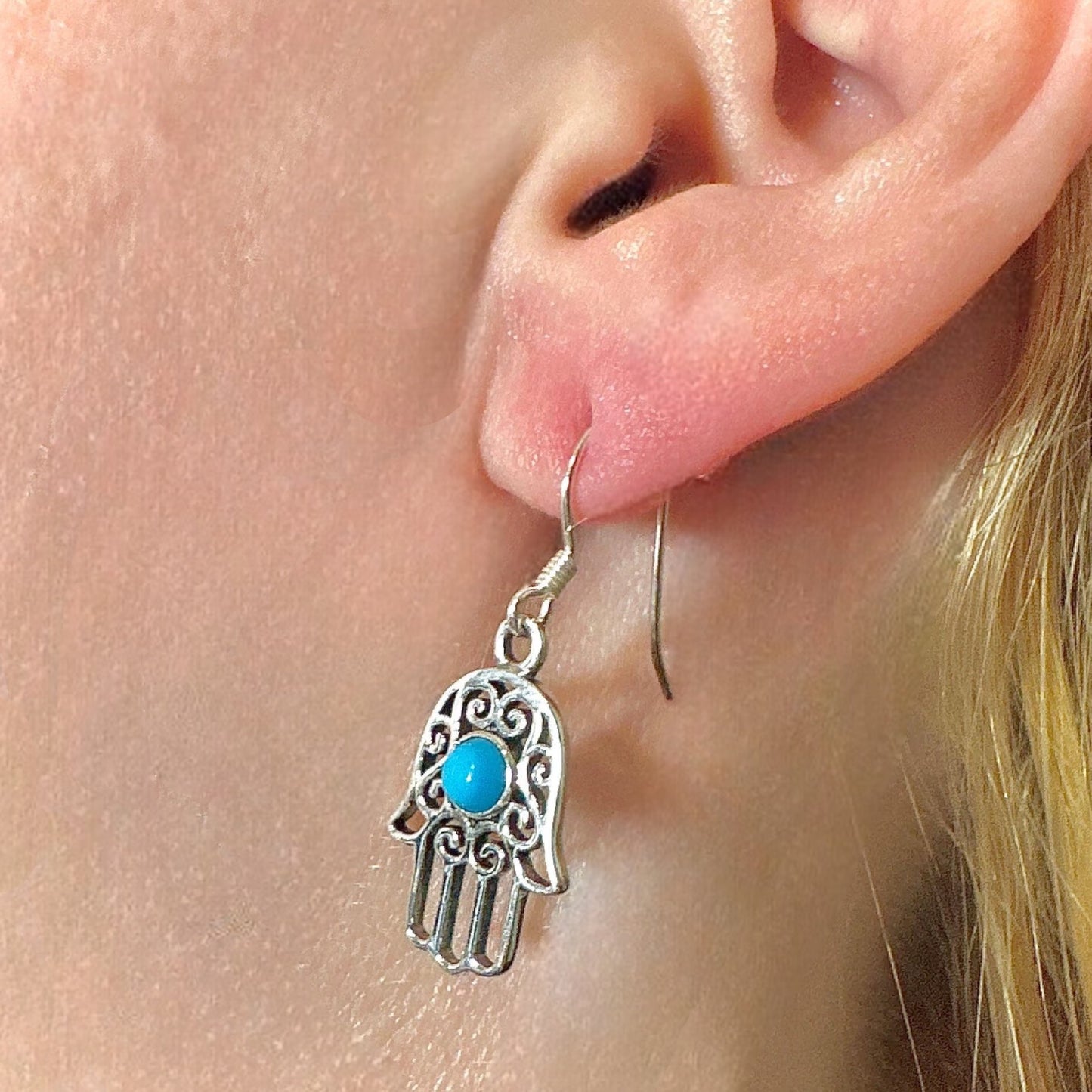 Sterling Silver Hamsa Earrings 15mm Turquoise Drops