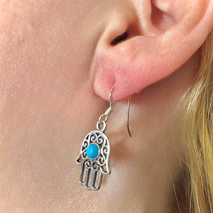 Sterling Silver Hamsa Earrings 15mm Turquoise Drops