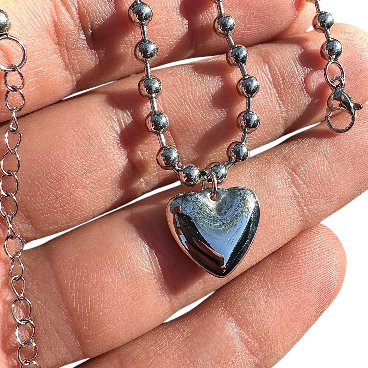 Heart Charm Bracelet Stainless Steel Silver Tone Beaded