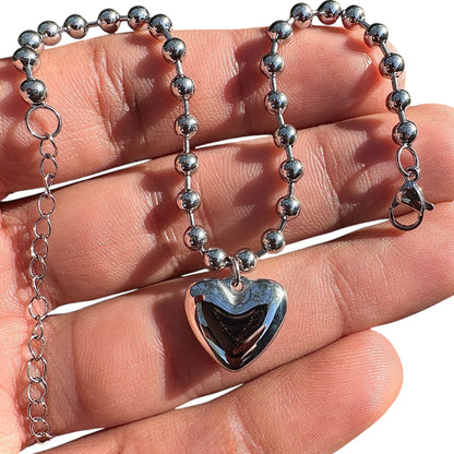 Heart Charm Bracelet Stainless Steel Silver Tone Beaded