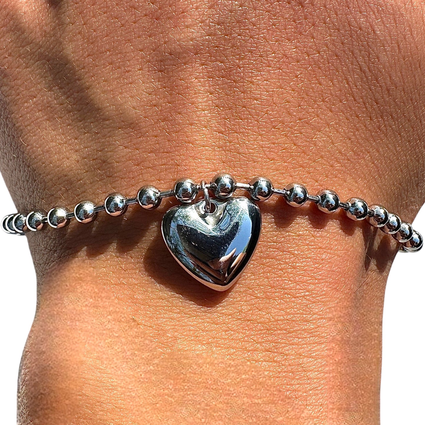 Heart Charm Bracelet Stainless Steel Silver Tone Beaded