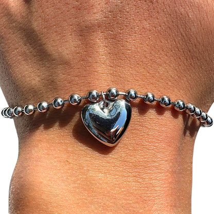 Heart Charm Bracelet Stainless Steel Silver Tone Beaded